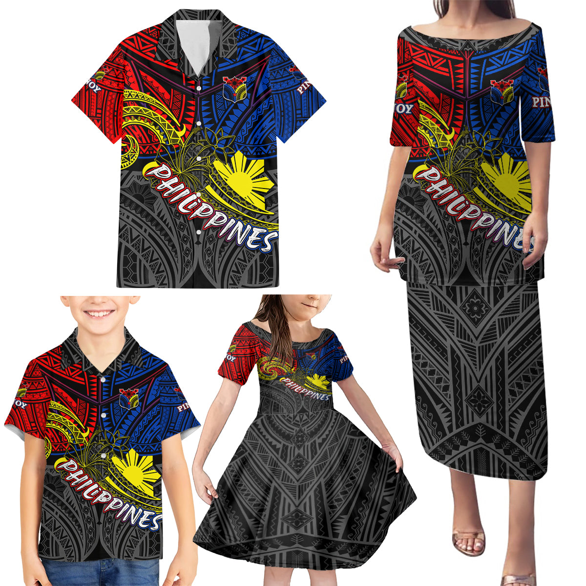 Philippines Half Sleeve Tattoo Family Matching Puletasi Dress and Hawaiian Shirt Pinoy Filipinos Sun DT02 - Polynesian Pride