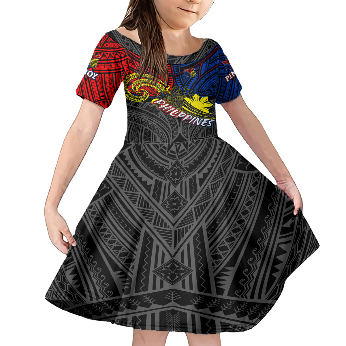 Philippines Half Sleeve Tattoo Family Matching Short Sleeve Bodycon Dress and Hawaiian Shirt Pinoy Filipinos Sun DT02 Daughter's Dress Art - Polynesian Pride