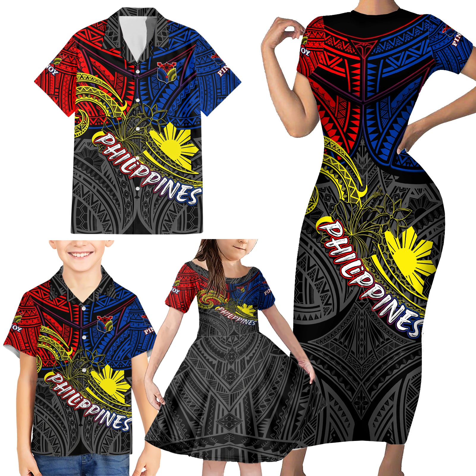 Philippines Half Sleeve Tattoo Family Matching Short Sleeve Bodycon Dress and Hawaiian Shirt Pinoy Filipinos Sun DT02 - Polynesian Pride