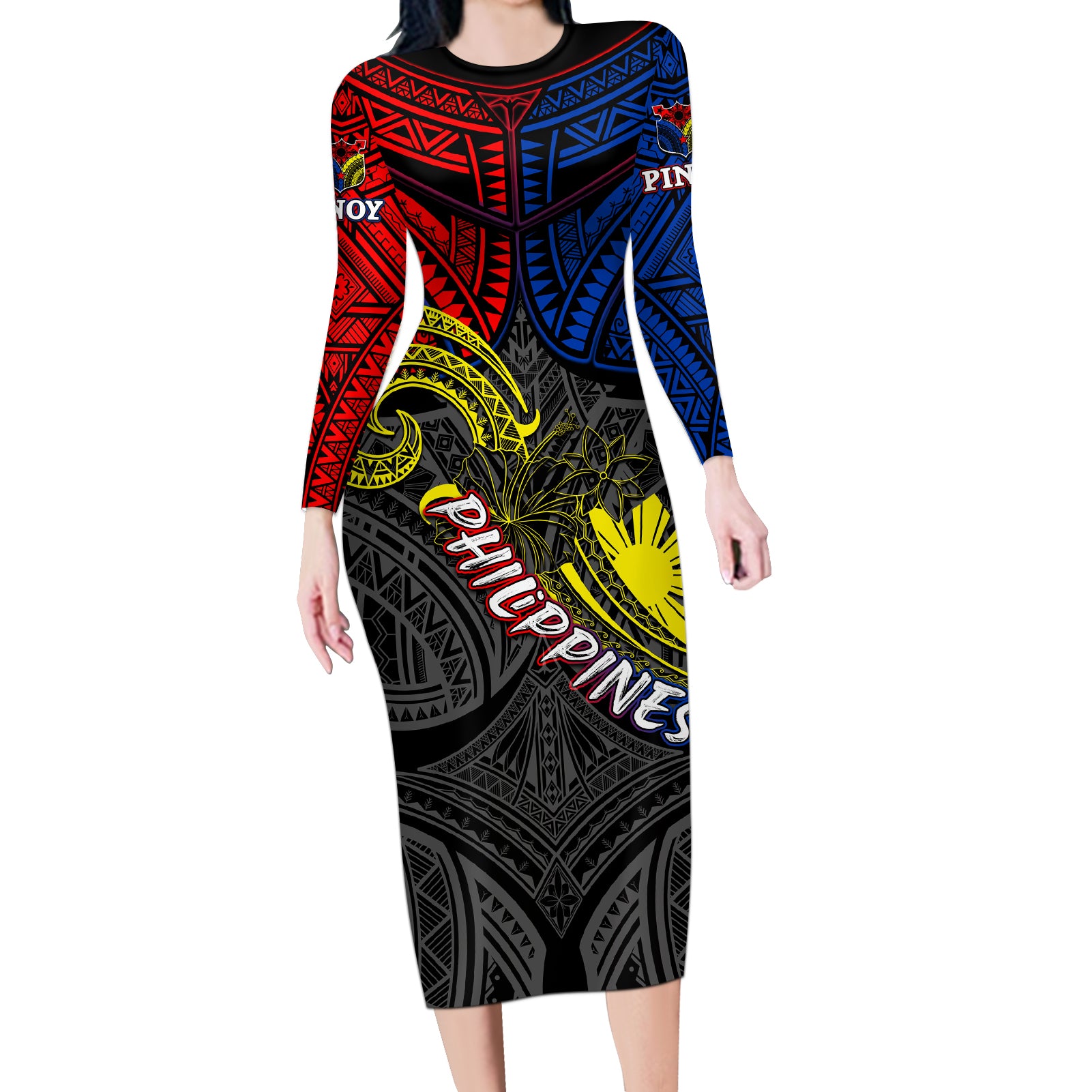 Philippines Half Sleeve Tattoo Long Sleeve Bodycon Dress Pinoy Filipinos Sun DT02 Long Dress Art - Polynesian Pride