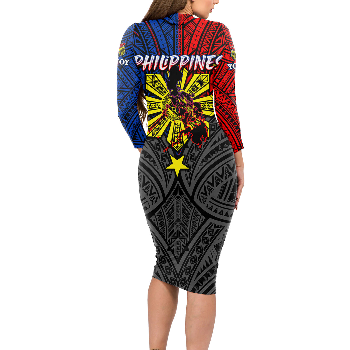 Philippines Half Sleeve Tattoo Long Sleeve Bodycon Dress Pinoy Filipinos Sun DT02 - Polynesian Pride