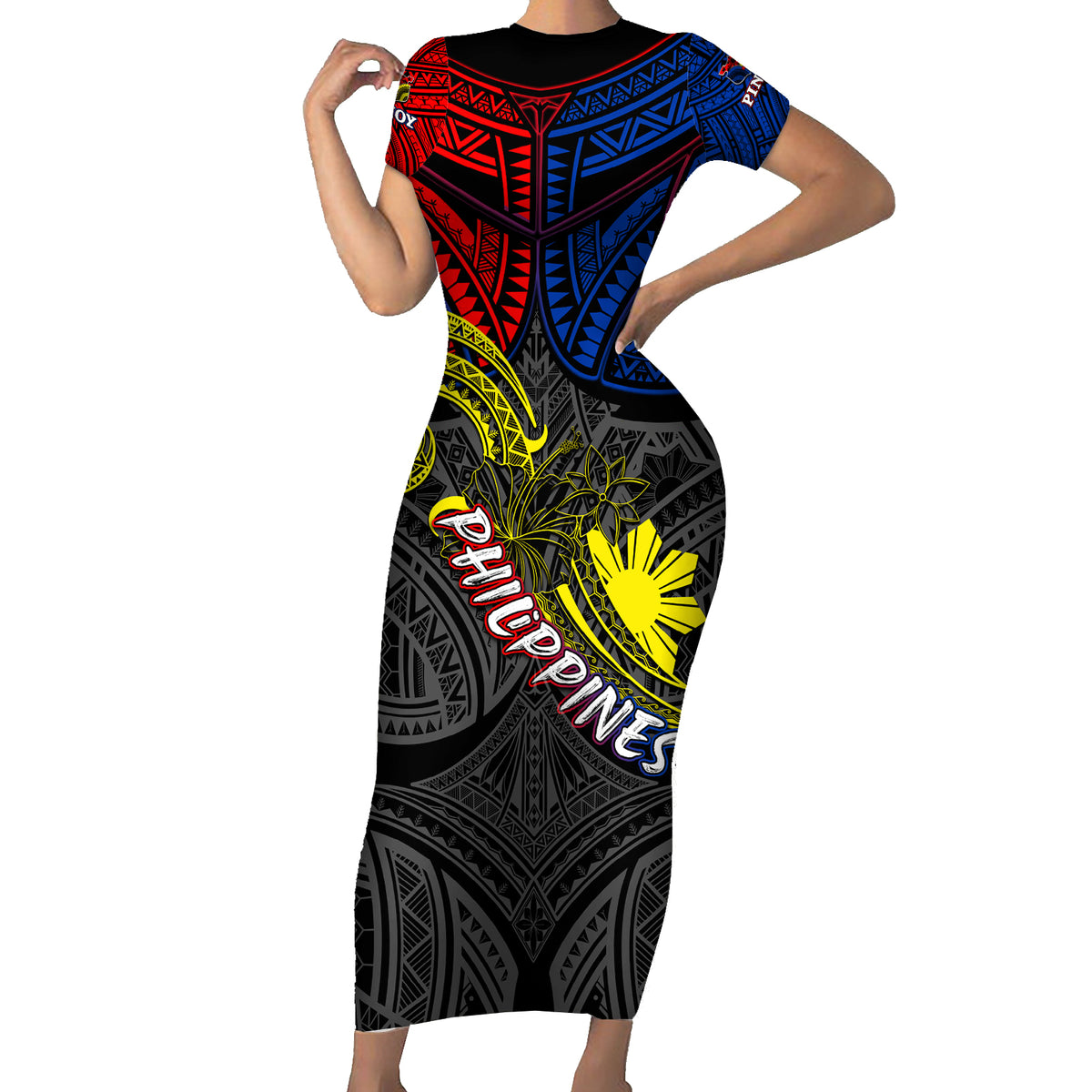 Philippines Half Sleeve Tattoo Short Sleeve Bodycon Dress Pinoy Filipinos Sun DT02 Long Dress Art - Polynesian Pride
