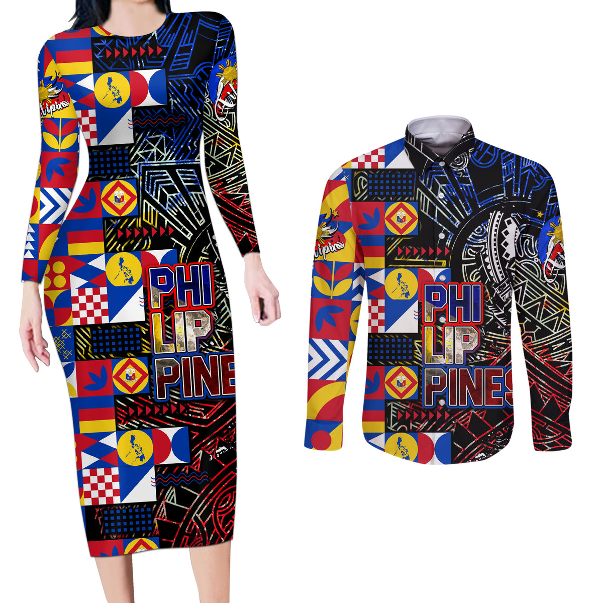 Pinoy Philippines Couples Matching Long Sleeve Bodycon Dress and Long Sleeve Button Shirt Filipino Tattoo Art Style DT02 Art - Polynesian Pride