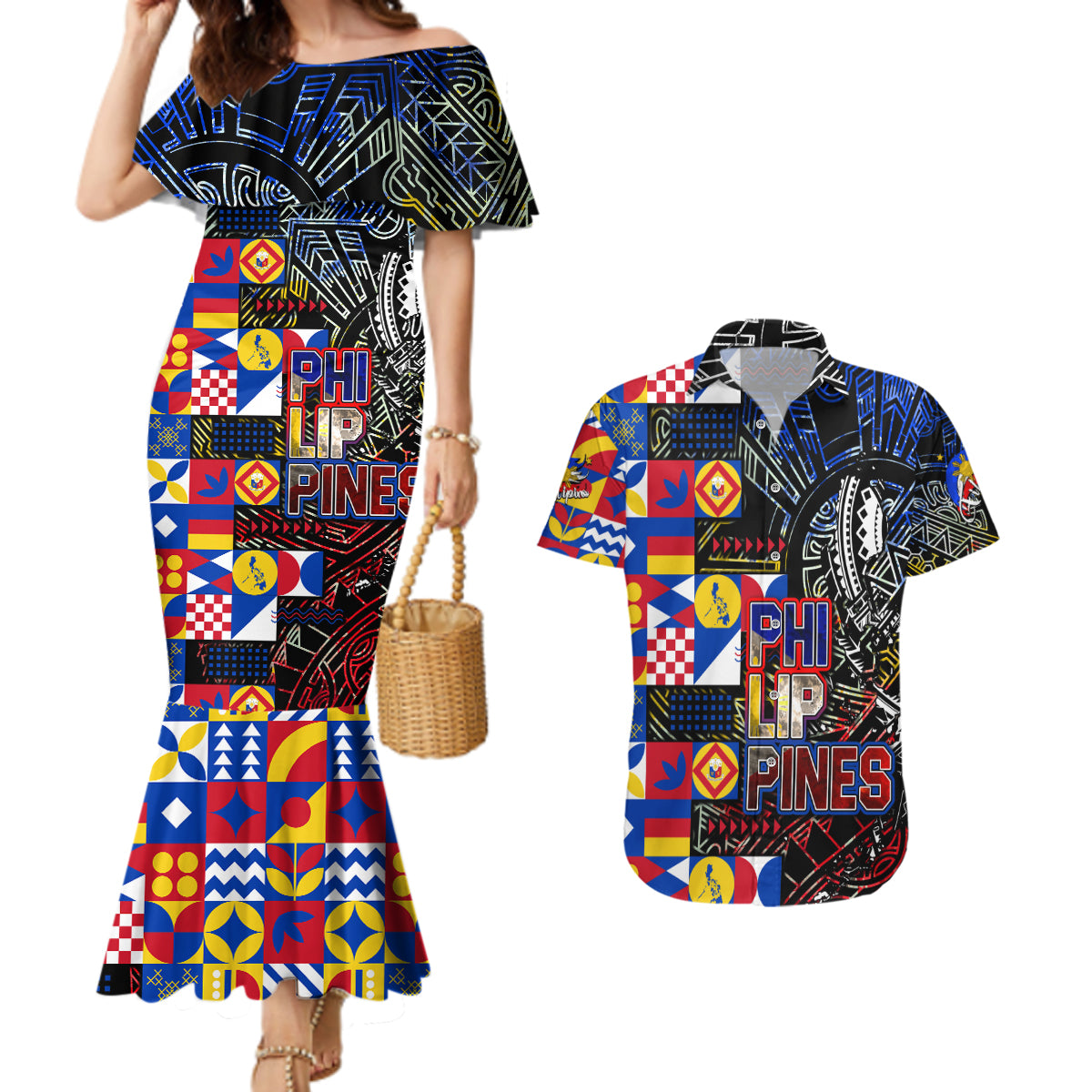Pinoy Philippines Couples Matching Mermaid Dress and Hawaiian Shirt Filipino Tattoo Art Style DT02 Art - Polynesian Pride