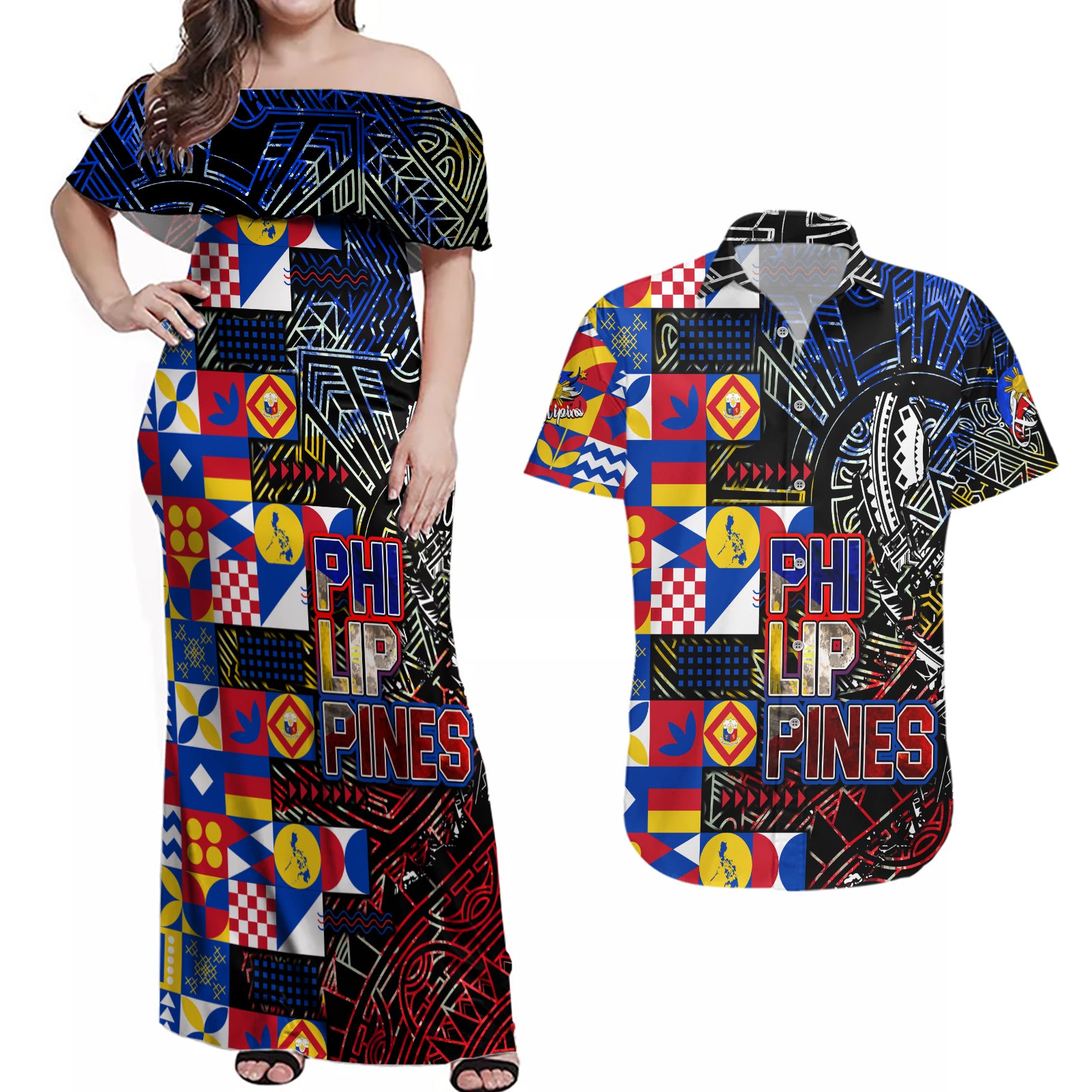 Pinoy Philippines Couples Matching Off Shoulder Maxi Dress and Hawaiian Shirt Filipino Tattoo Art Style DT02 Art - Polynesian Pride