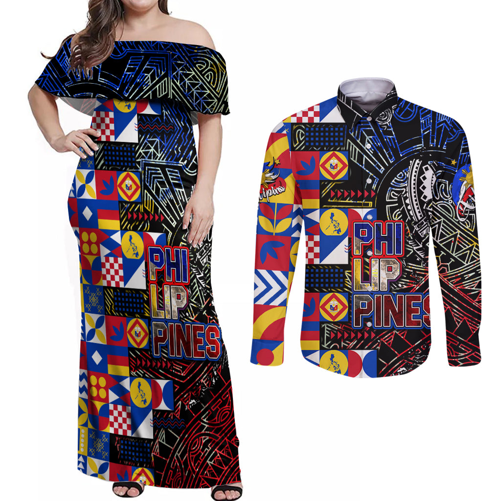 Pinoy Philippines Couples Matching Off Shoulder Maxi Dress and Long Sleeve Button Shirt Filipino Tattoo Art Style DT02 Art - Polynesian Pride