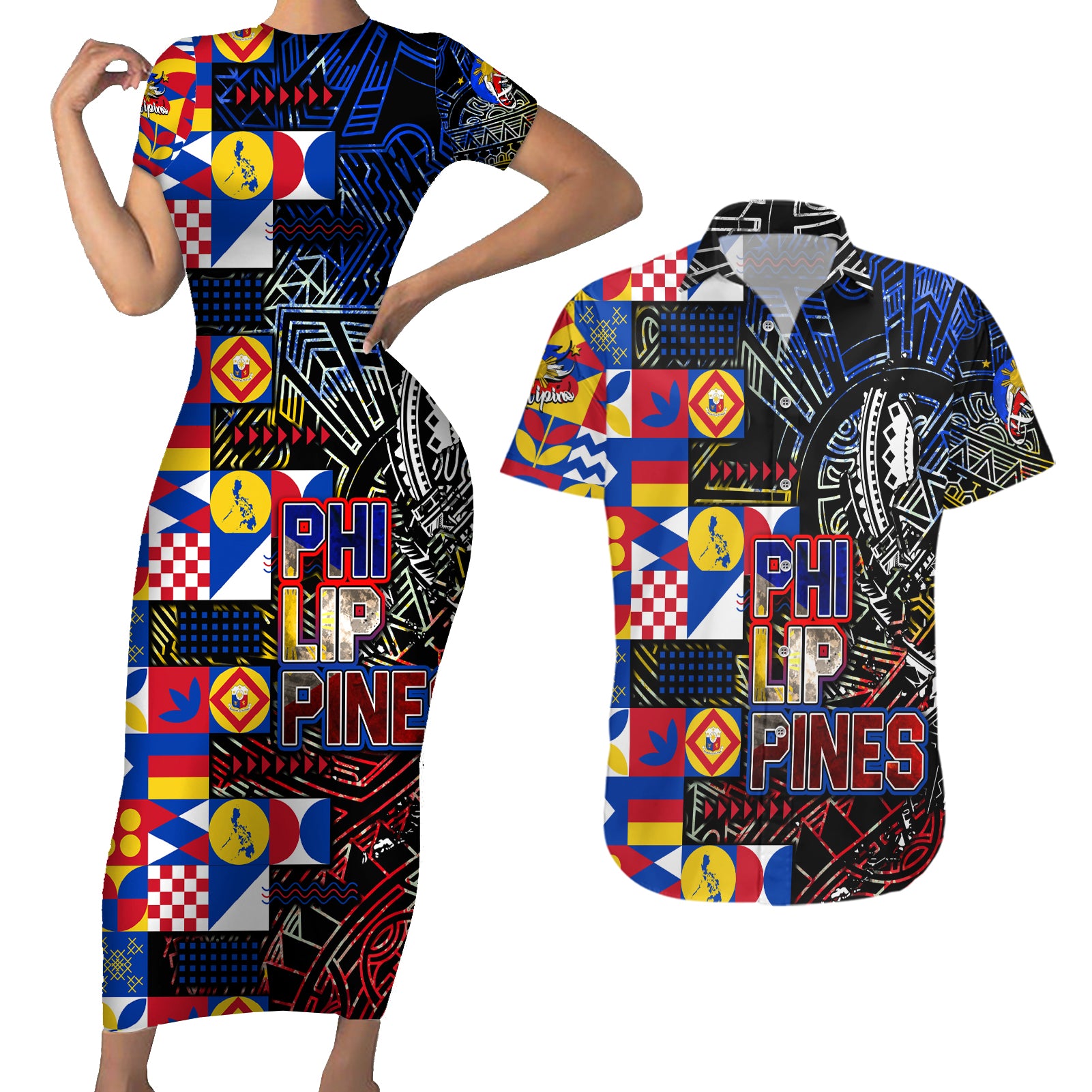 Pinoy Philippines Couples Matching Short Sleeve Bodycon Dress and Hawaiian Shirt Filipino Tattoo Art Style DT02 Art - Polynesian Pride