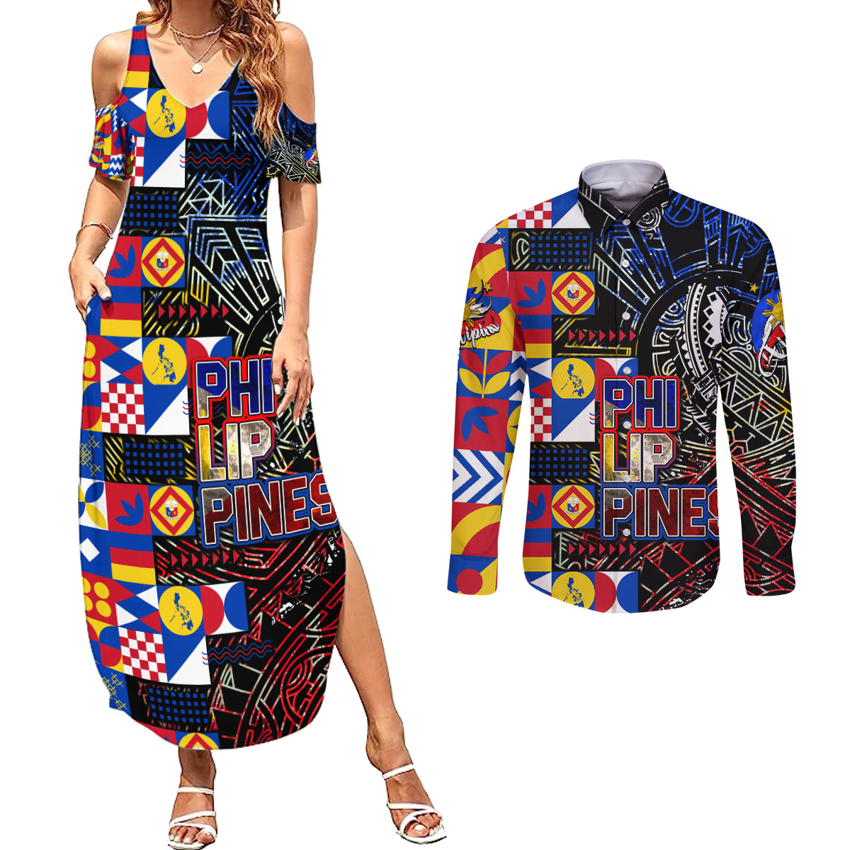 Pinoy Philippines Couples Matching Summer Maxi Dress and Long Sleeve Button Shirt Filipino Tattoo Art Style DT02 Art - Polynesian Pride