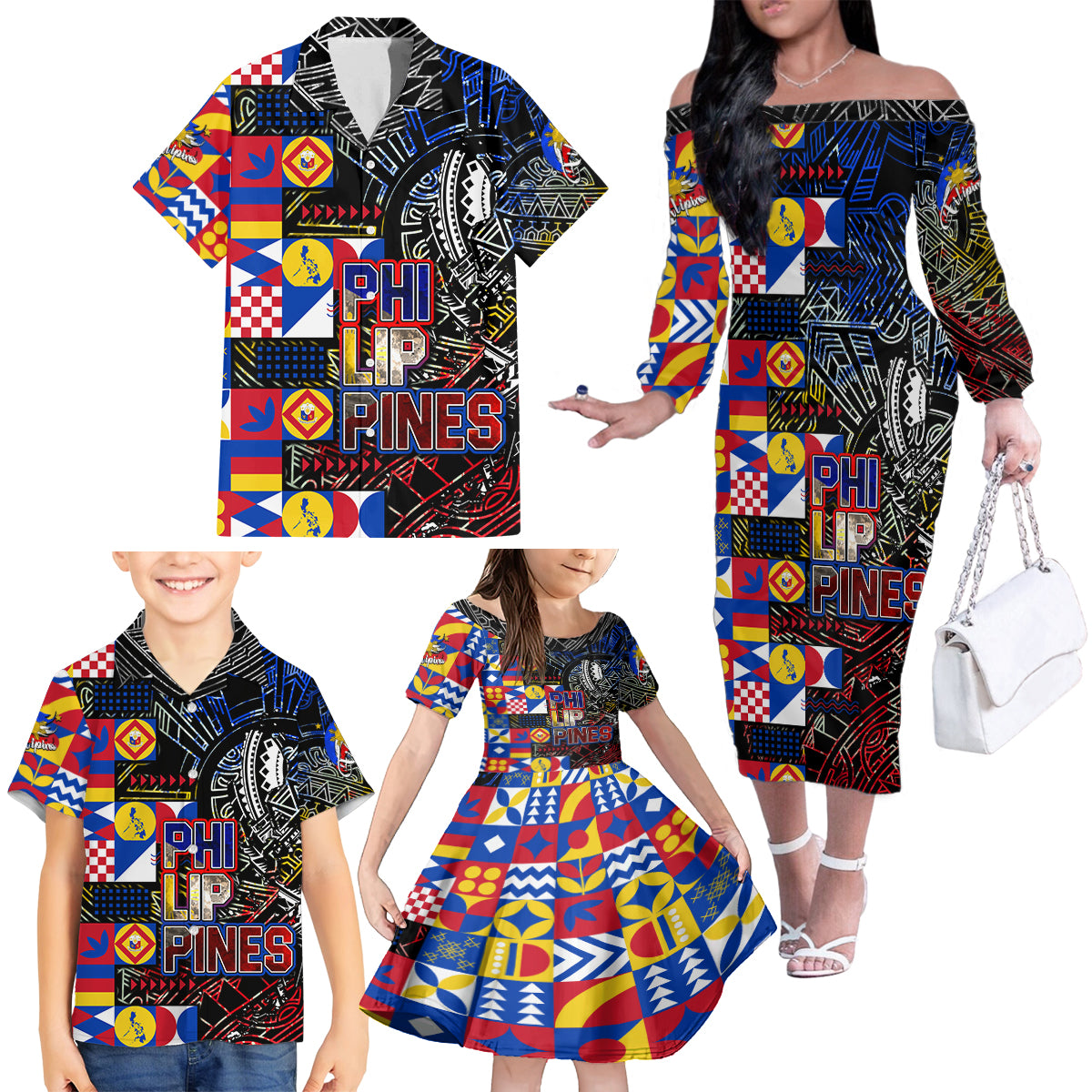 Pinoy Philippines Family Matching Off Shoulder Long Sleeve Dress and Hawaiian Shirt Filipino Tattoo Art Style DT02 - Polynesian Pride