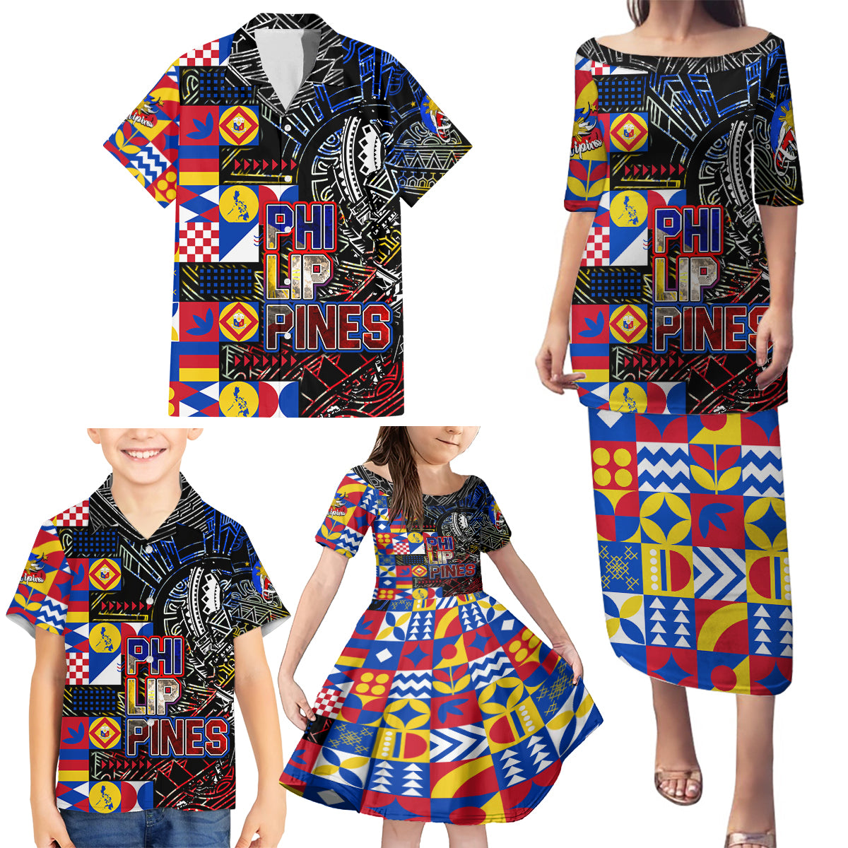 Pinoy Philippines Family Matching Puletasi Dress and Hawaiian Shirt Filipino Tattoo Art Style DT02 - Polynesian Pride