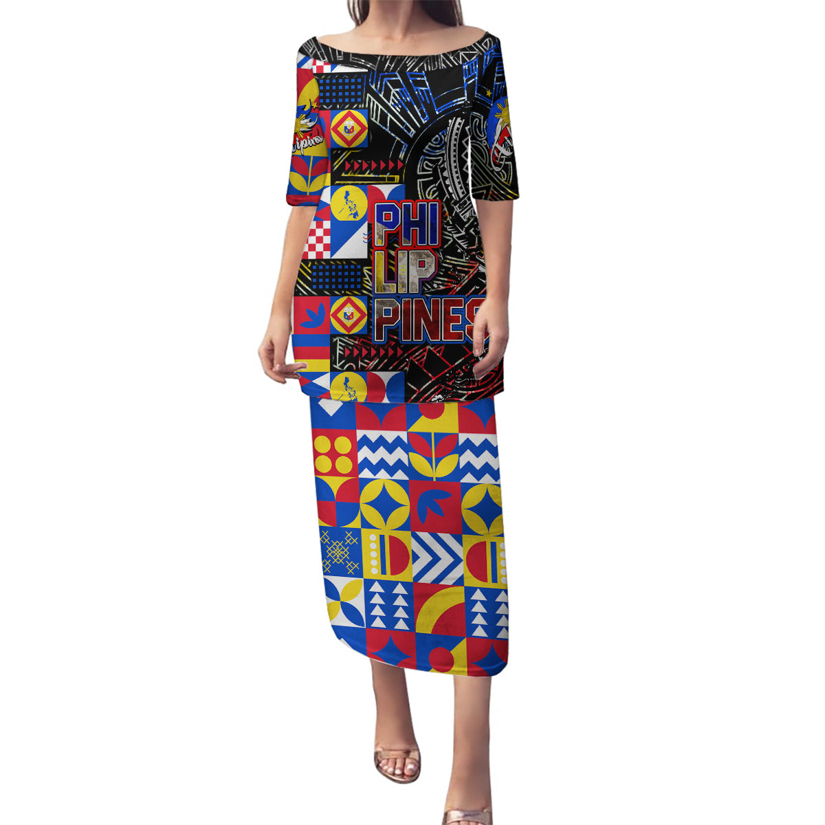 Pinoy Philippines Family Matching Puletasi Dress and Hawaiian Shirt Filipino Tattoo Art Style DT02 Mom's Dress Art - Polynesian Pride