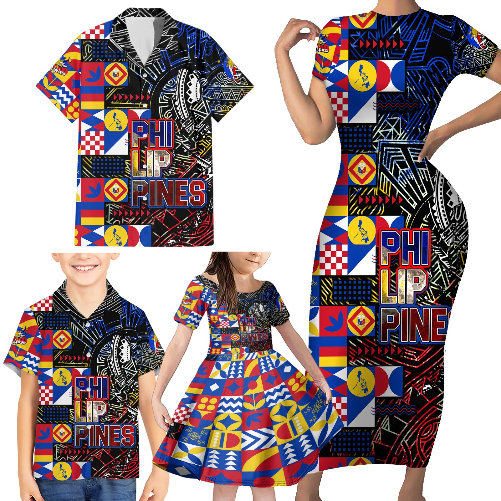 Pinoy Philippines Family Matching Short Sleeve Bodycon Dress and Hawaiian Shirt Filipino Tattoo Art Style DT02 - Polynesian Pride