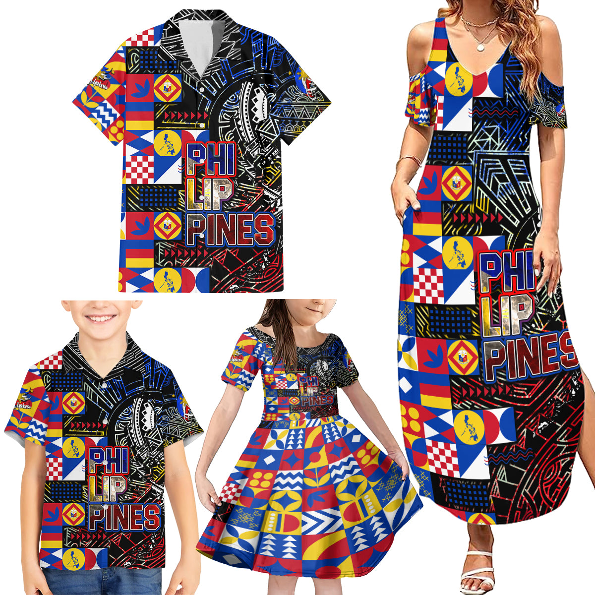 Pinoy Philippines Family Matching Summer Maxi Dress and Hawaiian Shirt Filipino Tattoo Art Style DT02 - Polynesian Pride