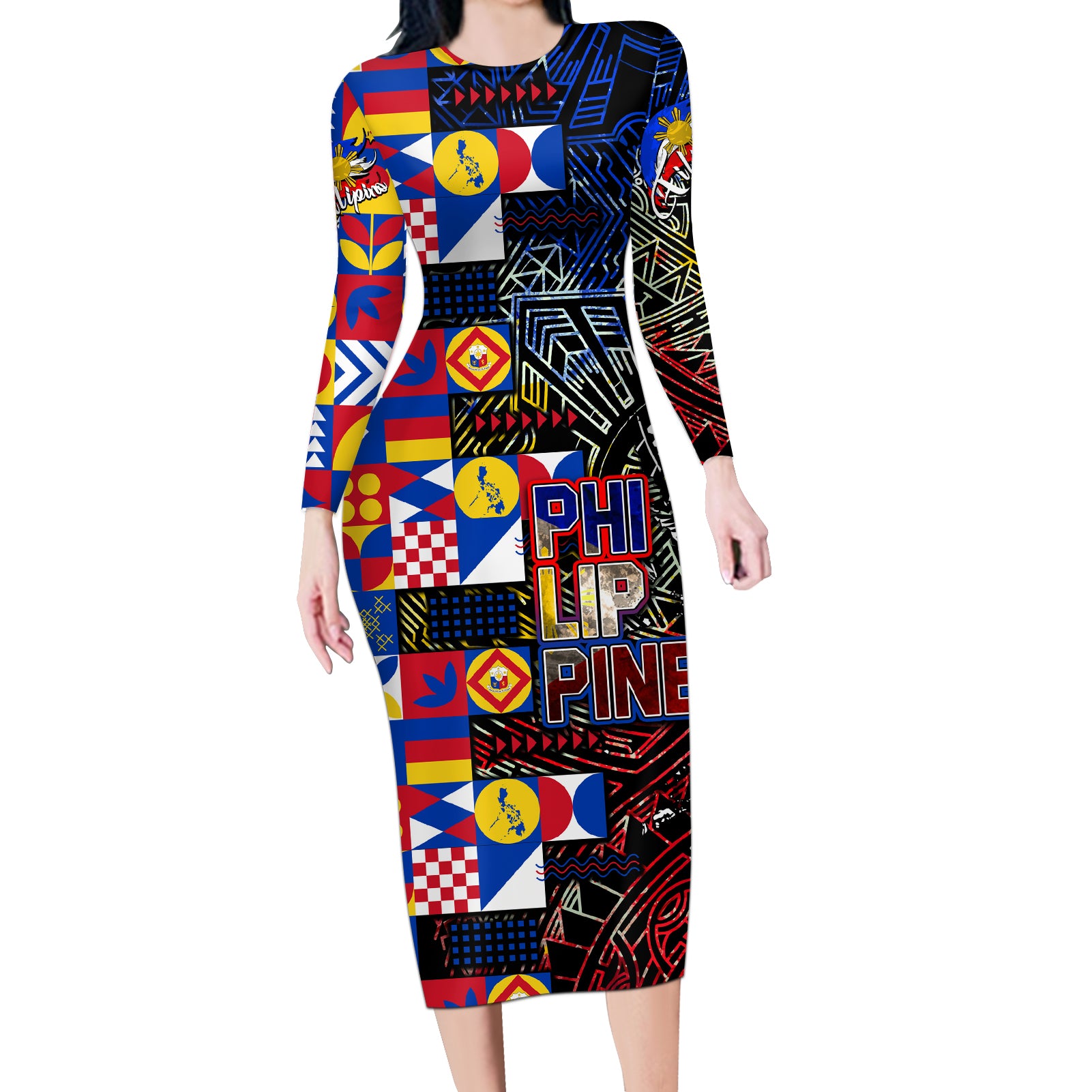 Pinoy Philippines Long Sleeve Bodycon Dress Filipino Tattoo Art Style DT02 Long Dress Art - Polynesian Pride