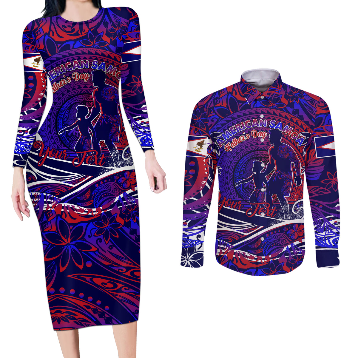 Father's Day American Samoa Couples Matching Long Sleeve Bodycon Dress and Long Sleeve Button Shirt Special Dad Polynesia Paradise DT02 Blue - Polynesian Pride