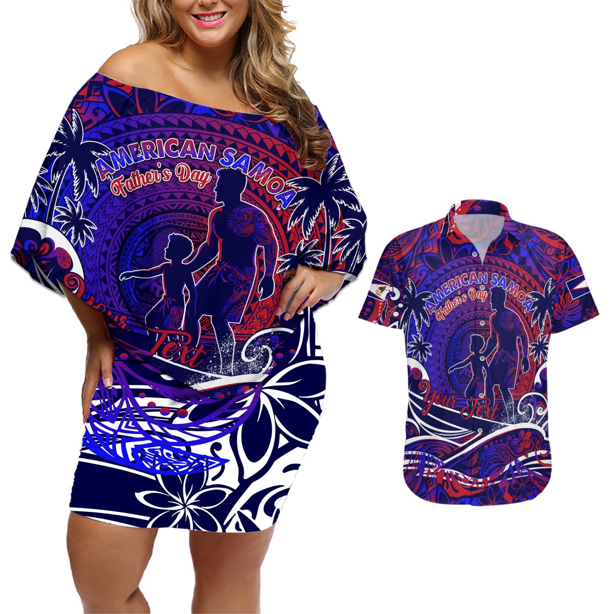 Father's Day American Samoa Couples Matching Off Shoulder Short Dress and Hawaiian Shirt Special Dad Polynesia Paradise DT02 Blue - Polynesian Pride