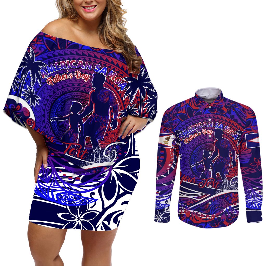 Father's Day American Samoa Couples Matching Off Shoulder Short Dress and Long Sleeve Button Shirt Special Dad Polynesia Paradise DT02 Blue - Polynesian Pride