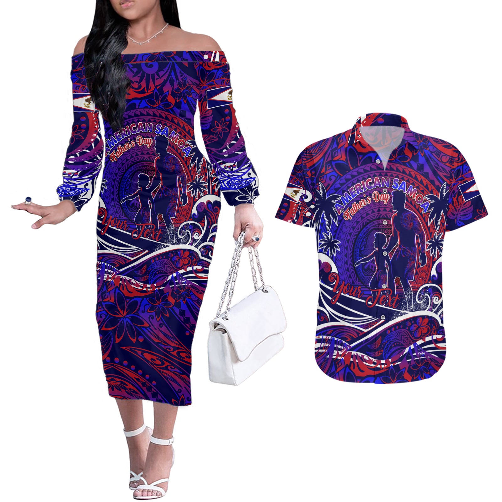 Father's Day American Samoa Couples Matching Off The Shoulder Long Sleeve Dress and Hawaiian Shirt Special Dad Polynesia Paradise DT02 Blue - Polynesian Pride