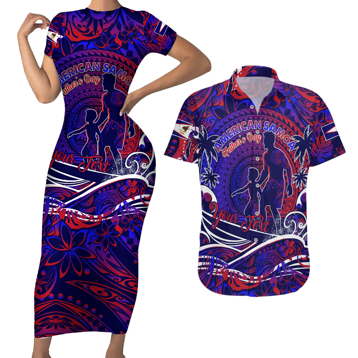 Father's Day American Samoa Couples Matching Short Sleeve Bodycon Dress and Hawaiian Shirt Special Dad Polynesia Paradise DT02 Blue - Polynesian Pride