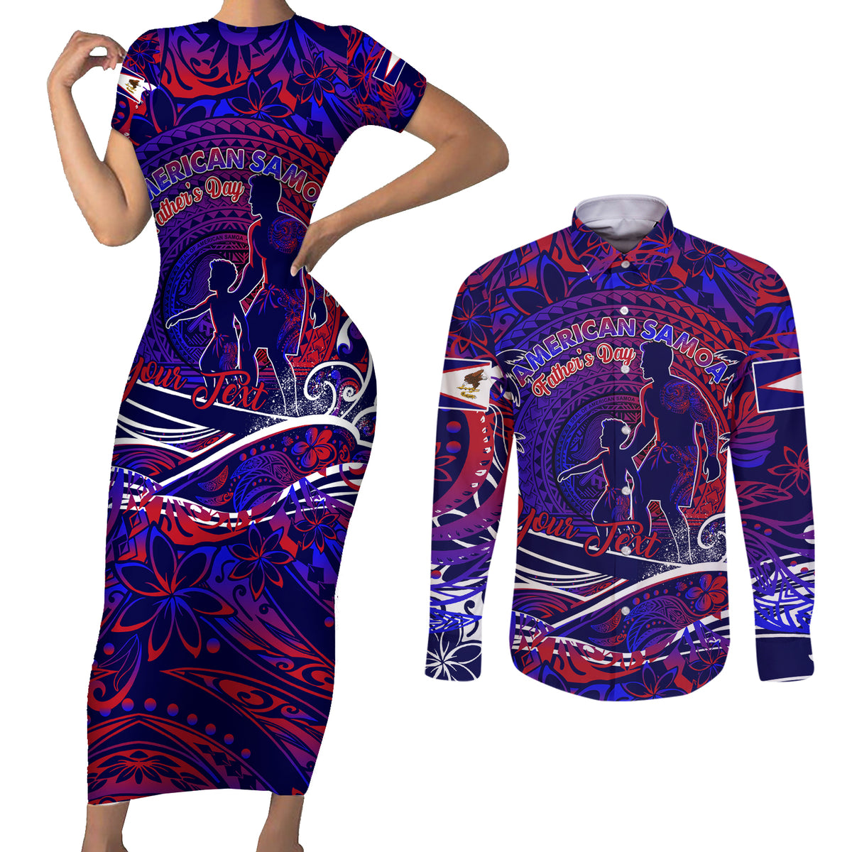 Father's Day American Samoa Couples Matching Short Sleeve Bodycon Dress and Long Sleeve Button Shirt Special Dad Polynesia Paradise DT02 Blue - Polynesian Pride