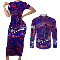 Father's Day American Samoa Couples Matching Short Sleeve Bodycon Dress and Long Sleeve Button Shirt Special Dad Polynesia Paradise DT02 Blue - Polynesian Pride