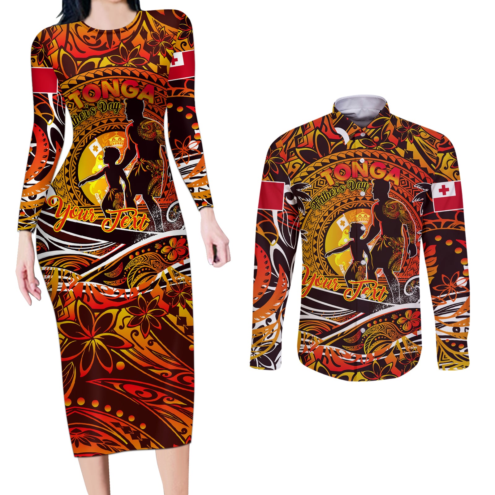 Father's Day Tonga Couples Matching Long Sleeve Bodycon Dress and Long Sleeve Button Shirt Special Dad Polynesia Paradise DT02 Orange - Polynesian Pride