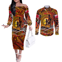 Father's Day Tonga Couples Matching Off The Shoulder Long Sleeve Dress and Long Sleeve Button Shirt Special Dad Polynesia Paradise DT02 Orange - Polynesian Pride