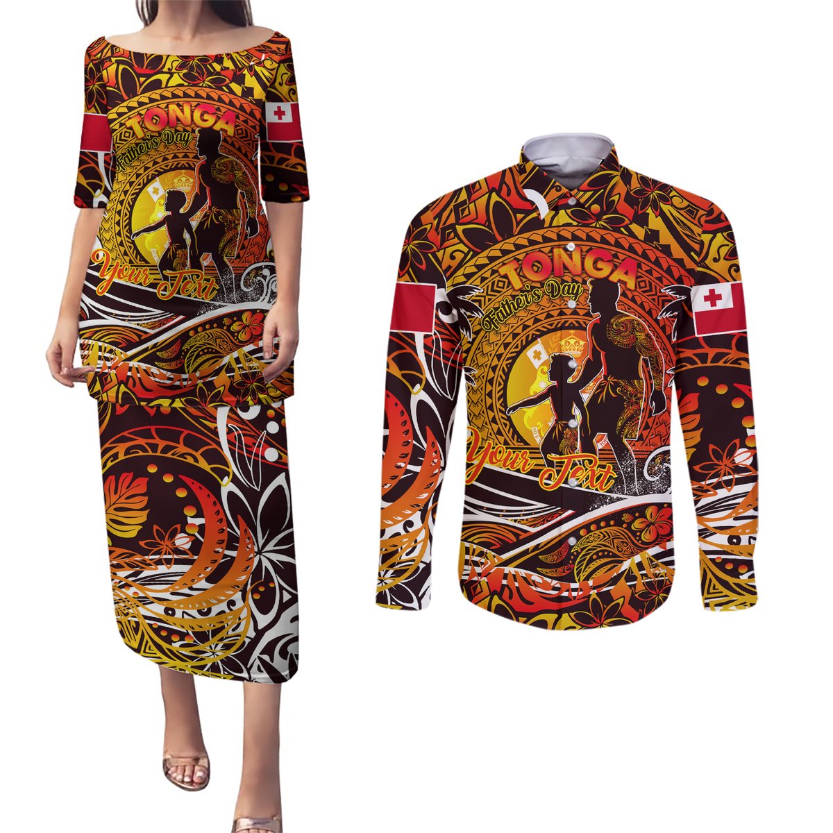 Father's Day Tonga Couples Matching Puletasi and Long Sleeve Button Shirt Special Dad Polynesia Paradise DT02 Orange - Polynesian Pride