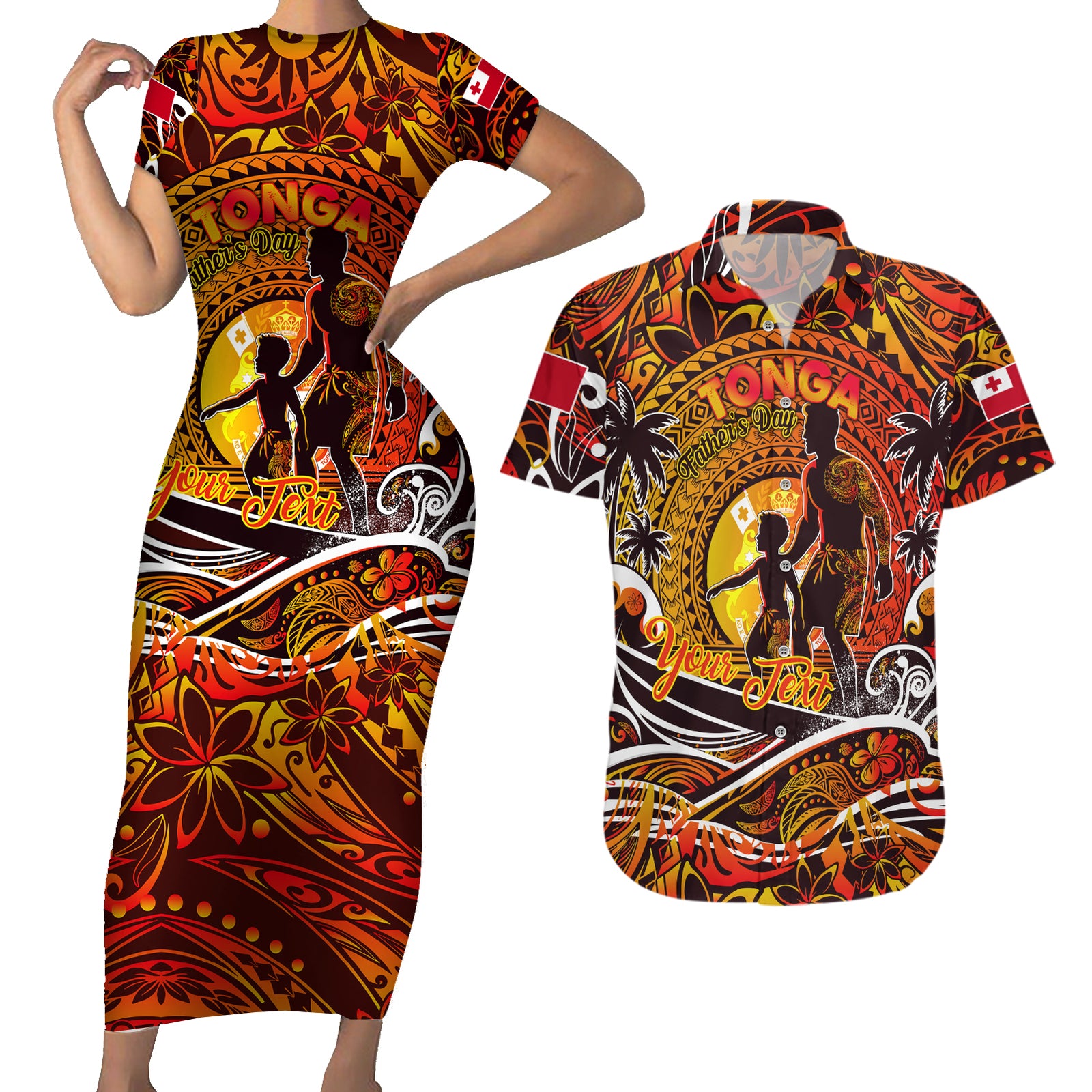 Father's Day Tonga Couples Matching Short Sleeve Bodycon Dress and Hawaiian Shirt Special Dad Polynesia Paradise DT02 Orange - Polynesian Pride