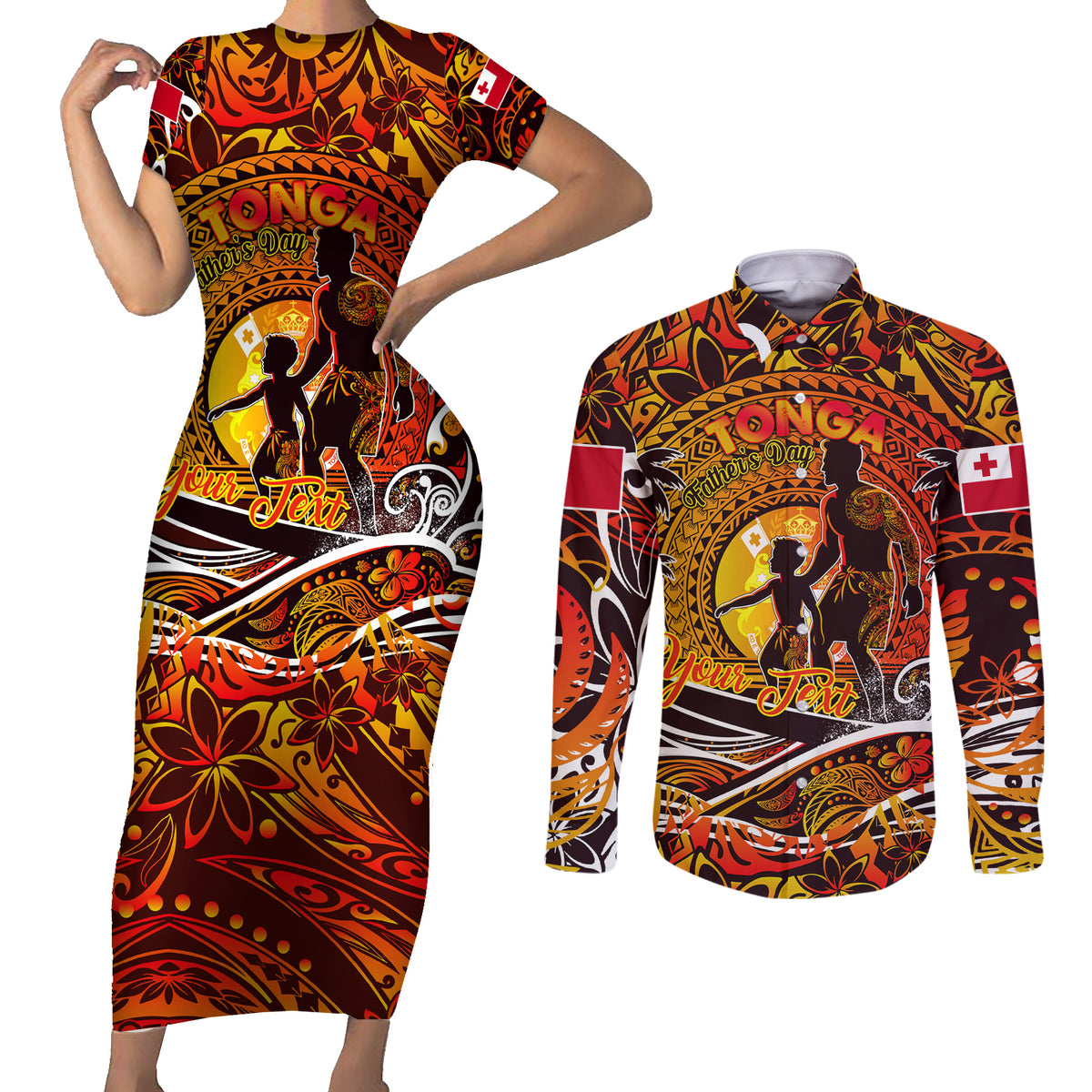 Father's Day Tonga Couples Matching Short Sleeve Bodycon Dress and Long Sleeve Button Shirt Special Dad Polynesia Paradise DT02 Orange - Polynesian Pride