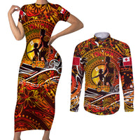 Father's Day Tonga Couples Matching Short Sleeve Bodycon Dress and Long Sleeve Button Shirt Special Dad Polynesia Paradise DT02 Orange - Polynesian Pride