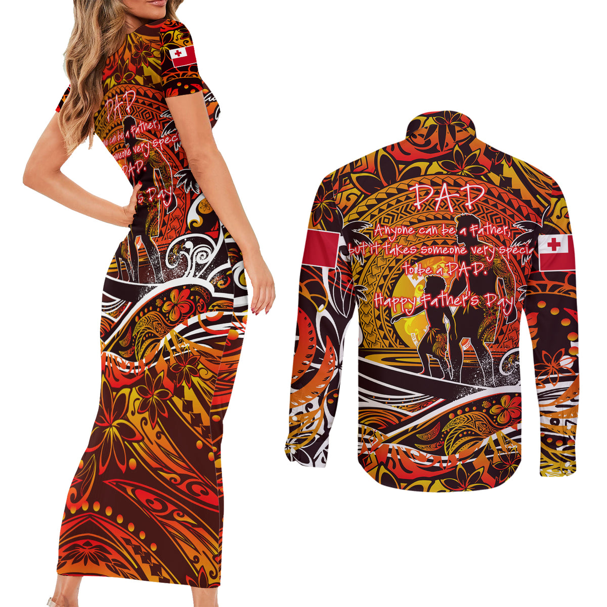 Father's Day Tonga Couples Matching Short Sleeve Bodycon Dress and Long Sleeve Button Shirt Special Dad Polynesia Paradise DT02 - Polynesian Pride