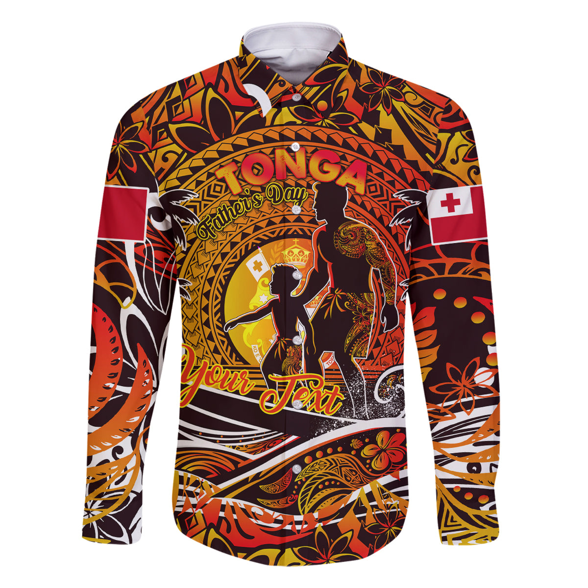 Father's Day Tonga Family Matching Summer Maxi Dress and Hawaiian Shirt Special Dad Polynesia Paradise DT02 Dad's Shirt - Long Sleeve Orange - Polynesian Pride