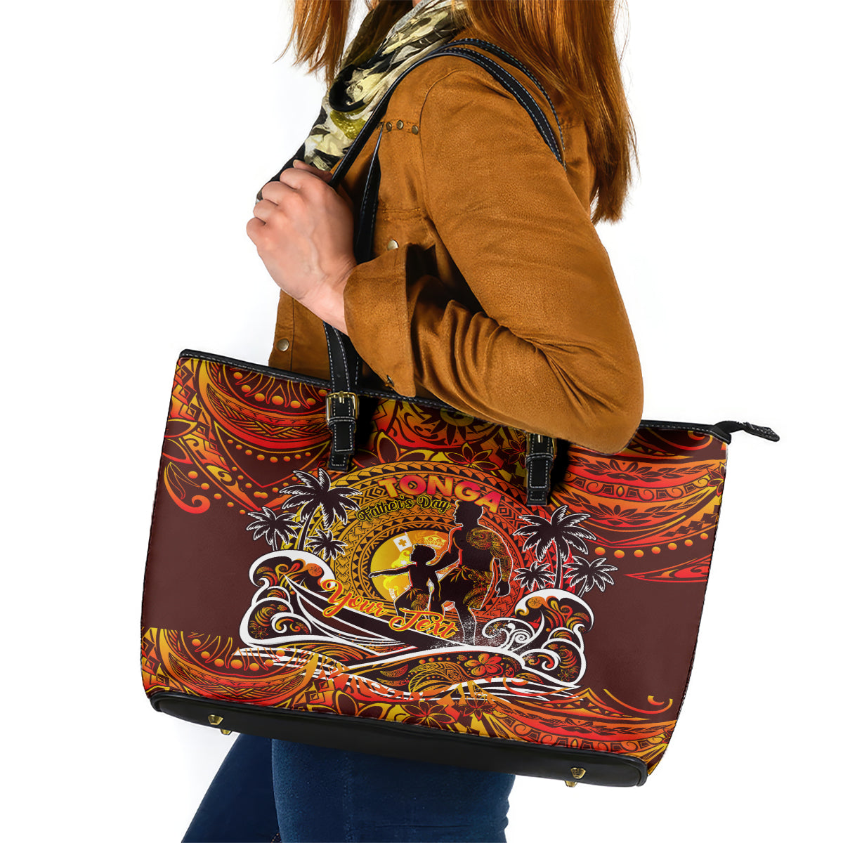 Father's Day Tonga Leather Tote Bag Special Dad Polynesia Paradise DT02 Orange - Polynesian Pride