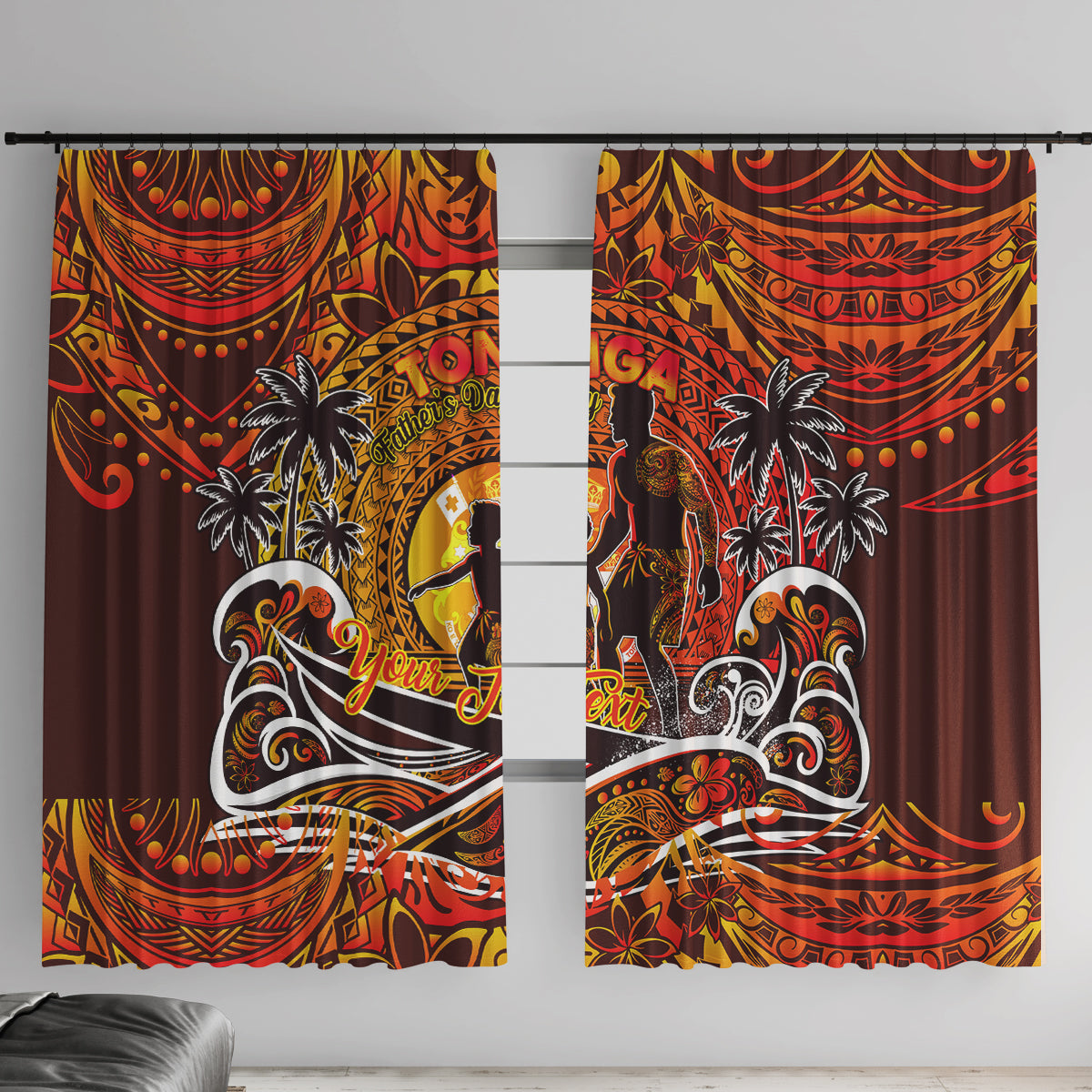 Father's Day Tonga Window Curtain Special Dad Polynesia Paradise DT02 With Hooks Orange - Polynesian Pride