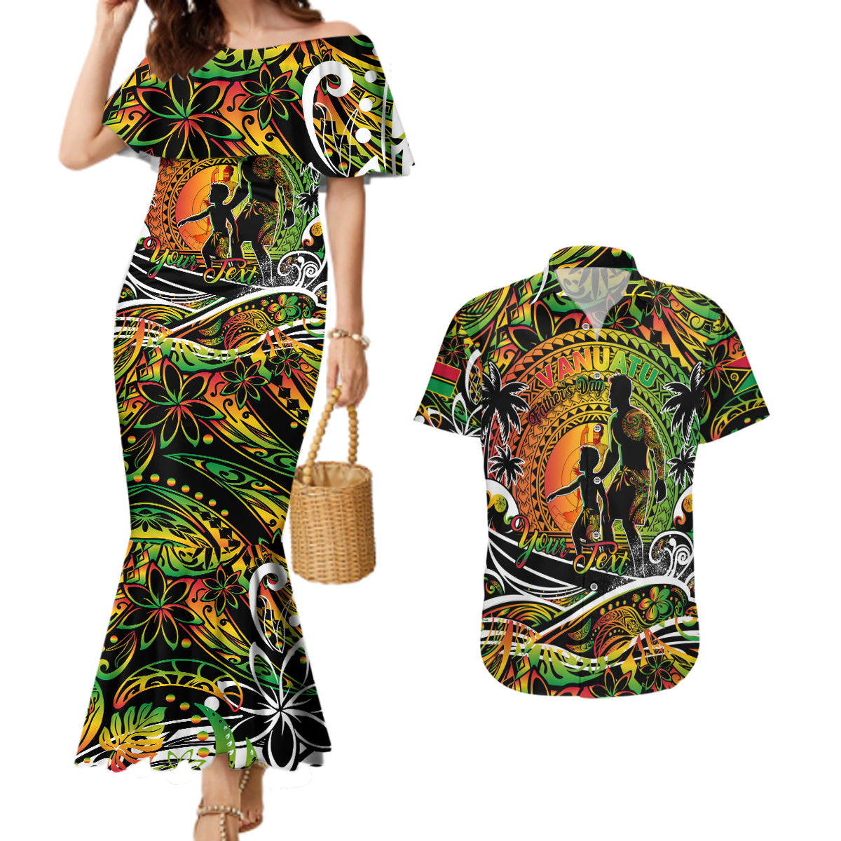 Father's Day Vanuatu Couples Matching Mermaid Dress and Hawaiian Shirt Special Dad Polynesia Paradise