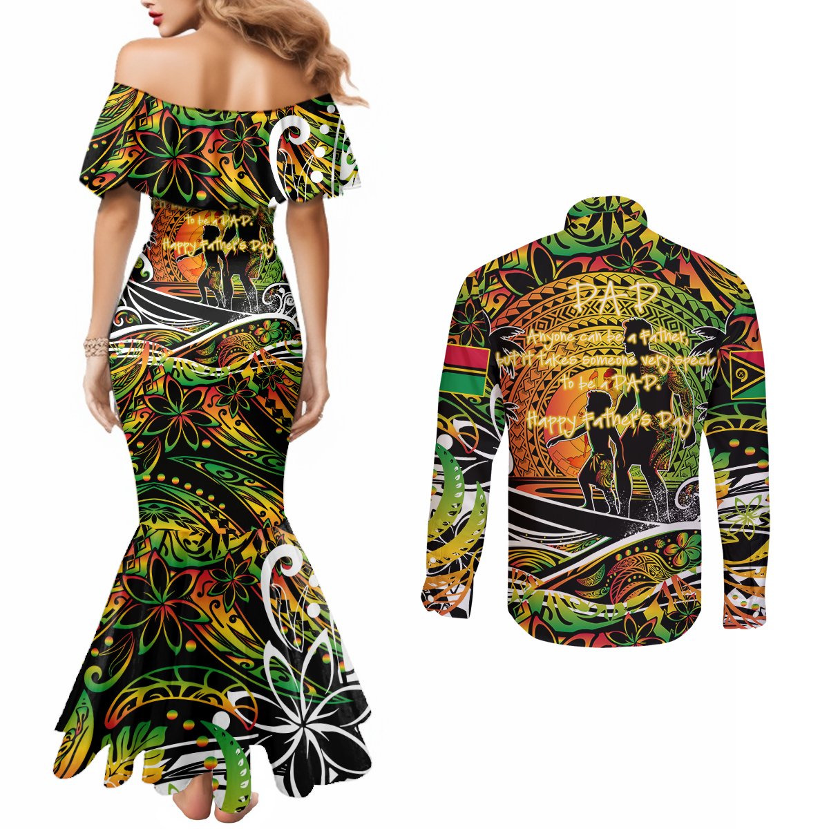 Father's Day Vanuatu Couples Matching Mermaid Dress and Long Sleeve Button Shirt Special Dad Polynesia Paradise DT02 - Polynesian Pride