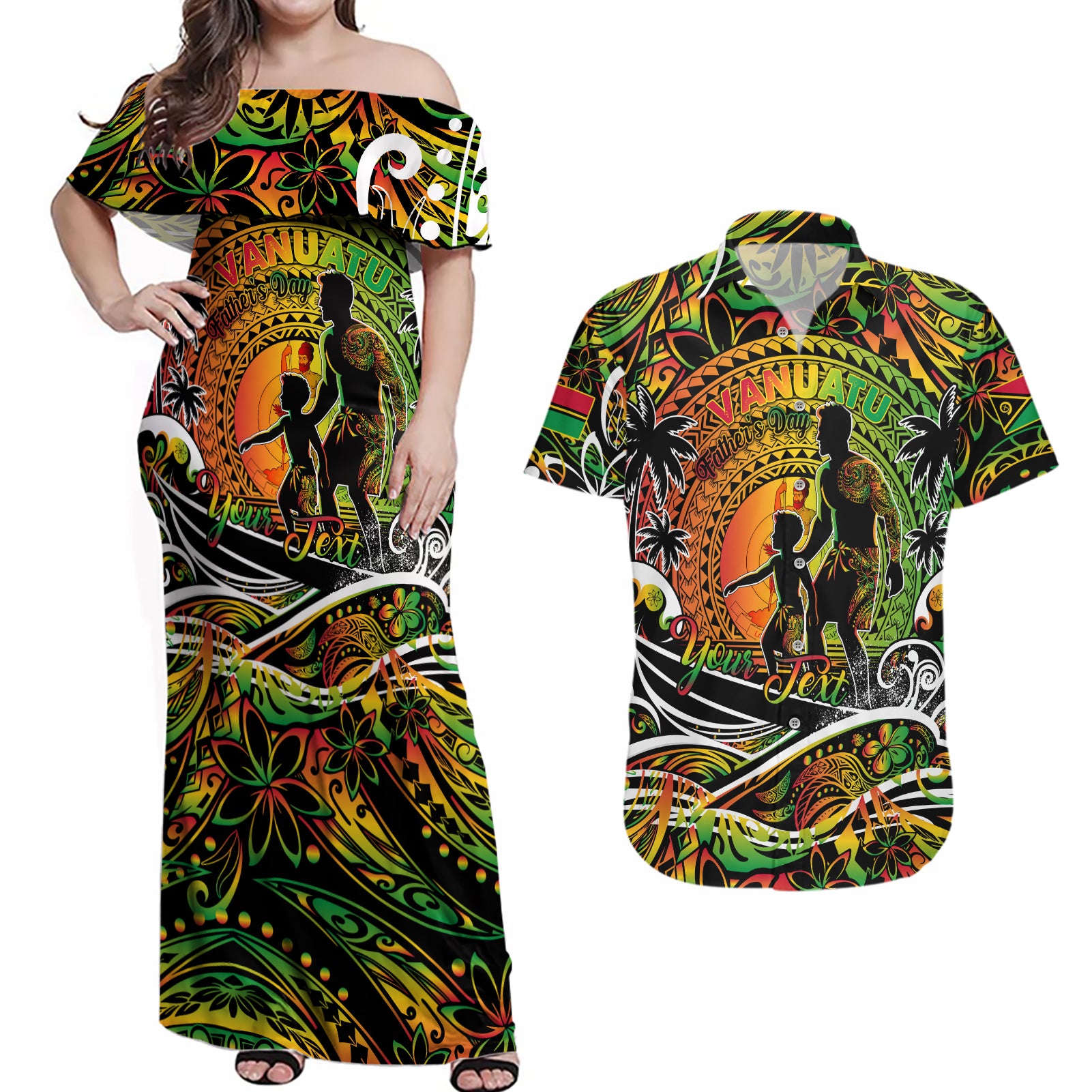 Father's Day Vanuatu Couples Matching Off Shoulder Maxi Dress and Hawaiian Shirt Special Dad Polynesia Paradise