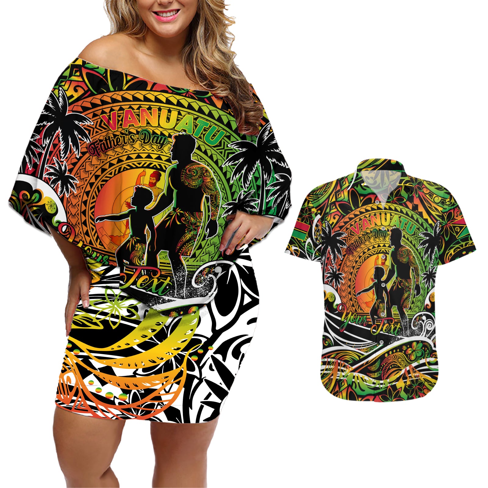 Father's Day Vanuatu Couples Matching Off Shoulder Short Dress and Hawaiian Shirt Special Dad Polynesia Paradise