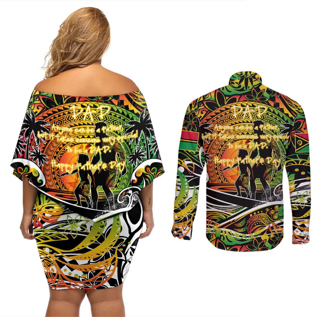 Father's Day Vanuatu Couples Matching Off Shoulder Short Dress and Long Sleeve Button Shirt Special Dad Polynesia Paradise DT02 - Polynesian Pride