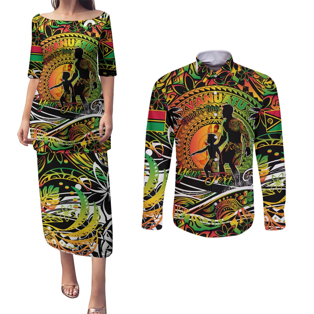 Father's Day Vanuatu Couples Matching Puletasi and Long Sleeve Button Shirt Special Dad Polynesia Paradise DT02 Art - Polynesian Pride