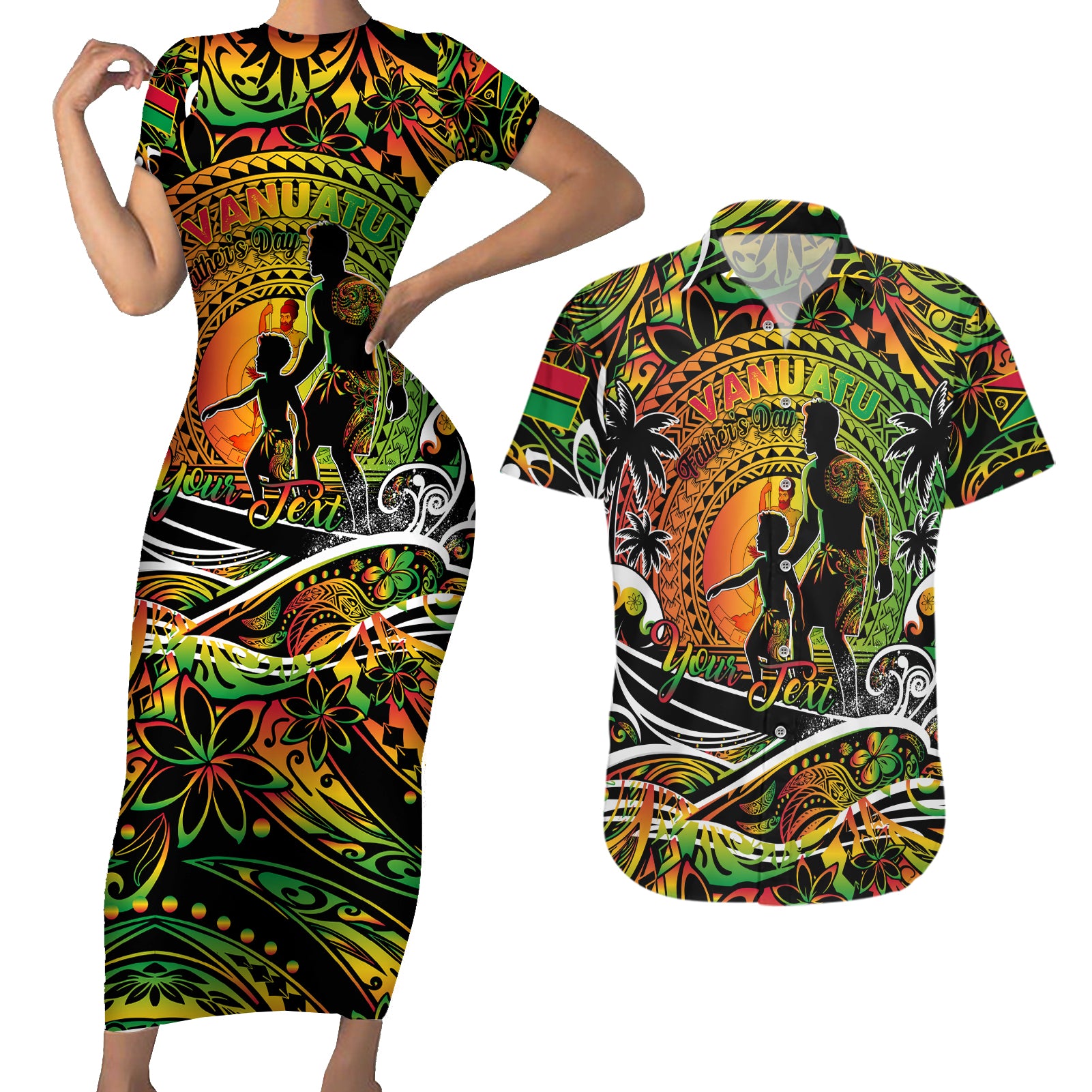 Father's Day Vanuatu Couples Matching Short Sleeve Bodycon Dress and Hawaiian Shirt Special Dad Polynesia Paradise