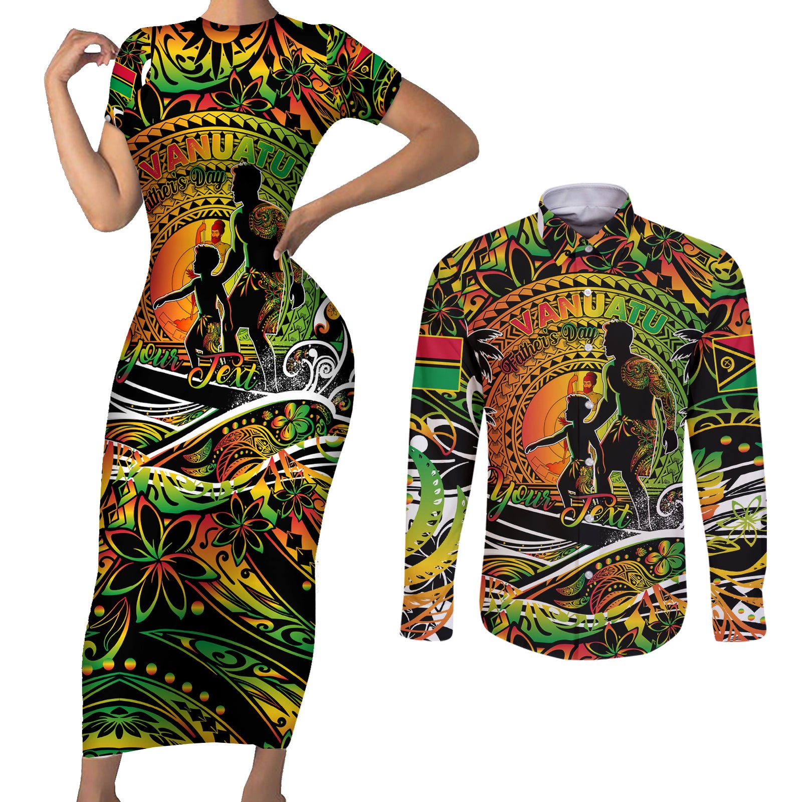 Father's Day Vanuatu Couples Matching Short Sleeve Bodycon Dress and Long Sleeve Button Shirt Special Dad Polynesia Paradise DT02 Art - Polynesian Pride