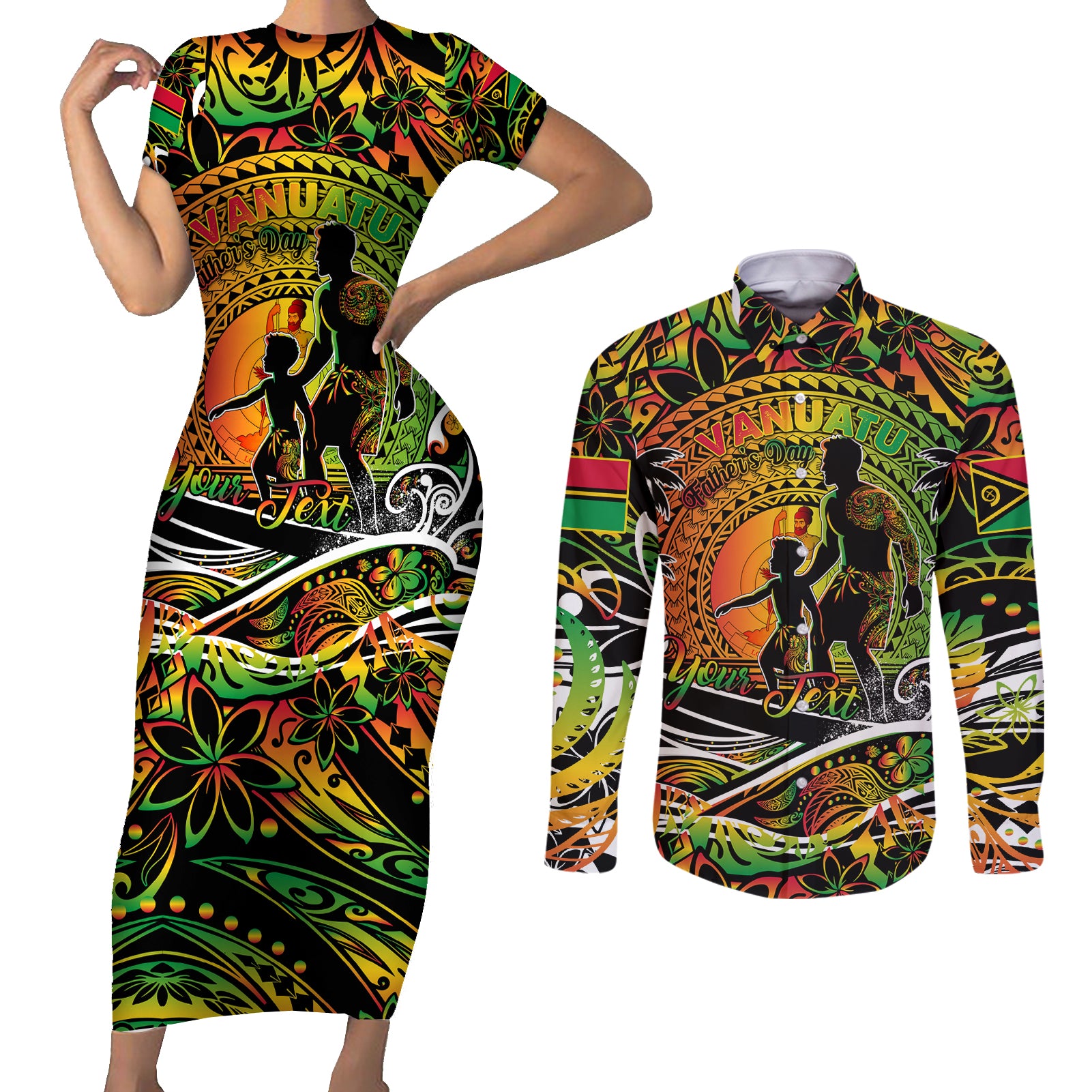 Father's Day Vanuatu Couples Matching Short Sleeve Bodycon Dress and Long Sleeve Button Shirt Special Dad Polynesia Paradise