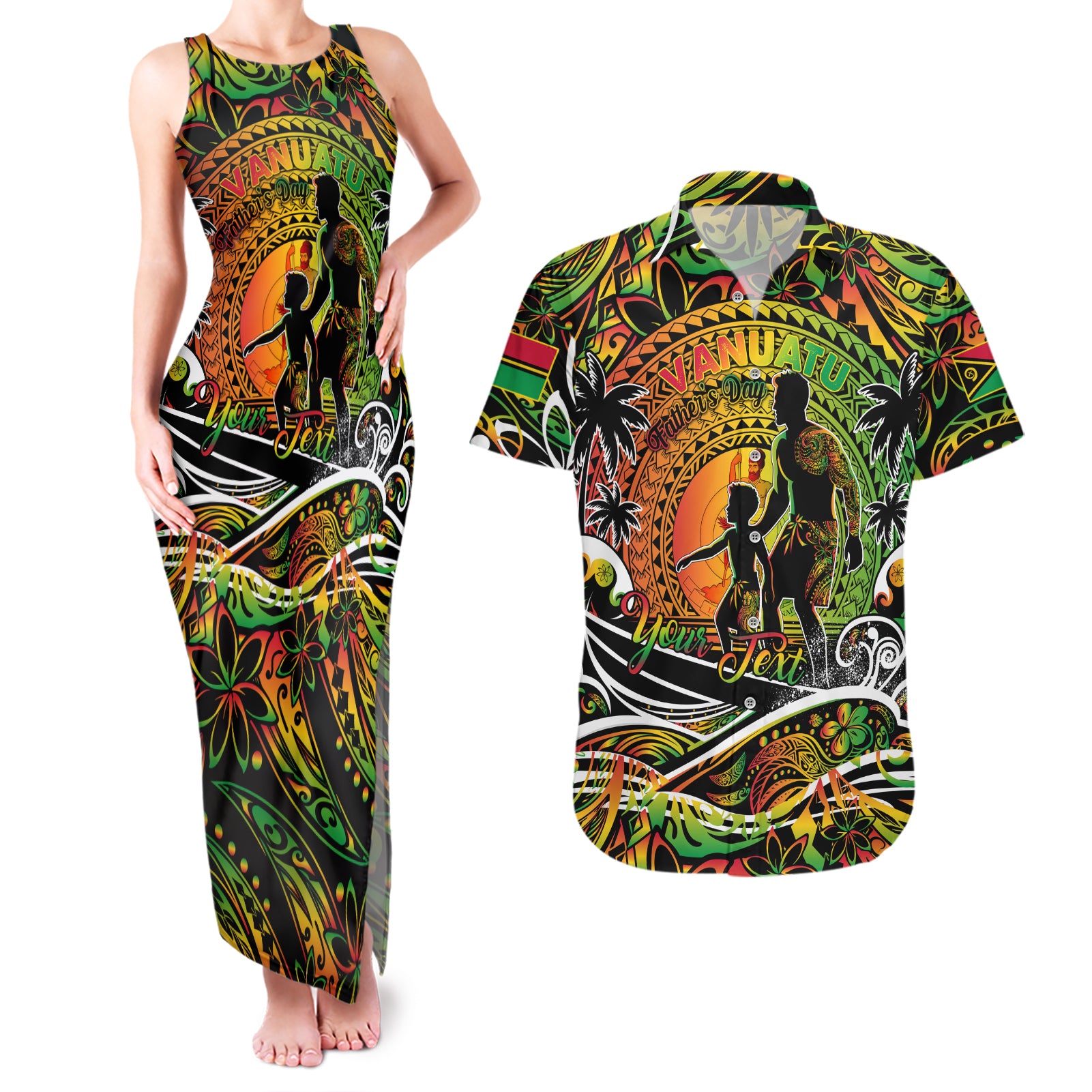 Father's Day Vanuatu Couples Matching Tank Maxi Dress and Hawaiian Shirt Special Dad Polynesia Paradise