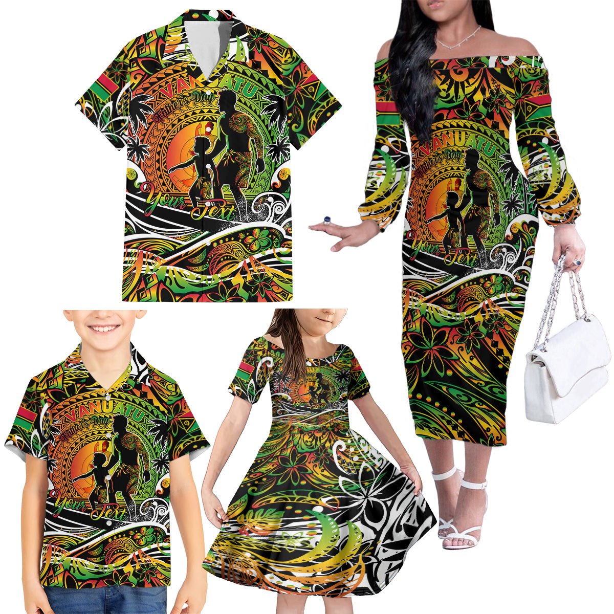 Father's Day Vanuatu Family Matching Off The Shoulder Long Sleeve Dress and Hawaiian Shirt Special Dad Polynesia Paradise