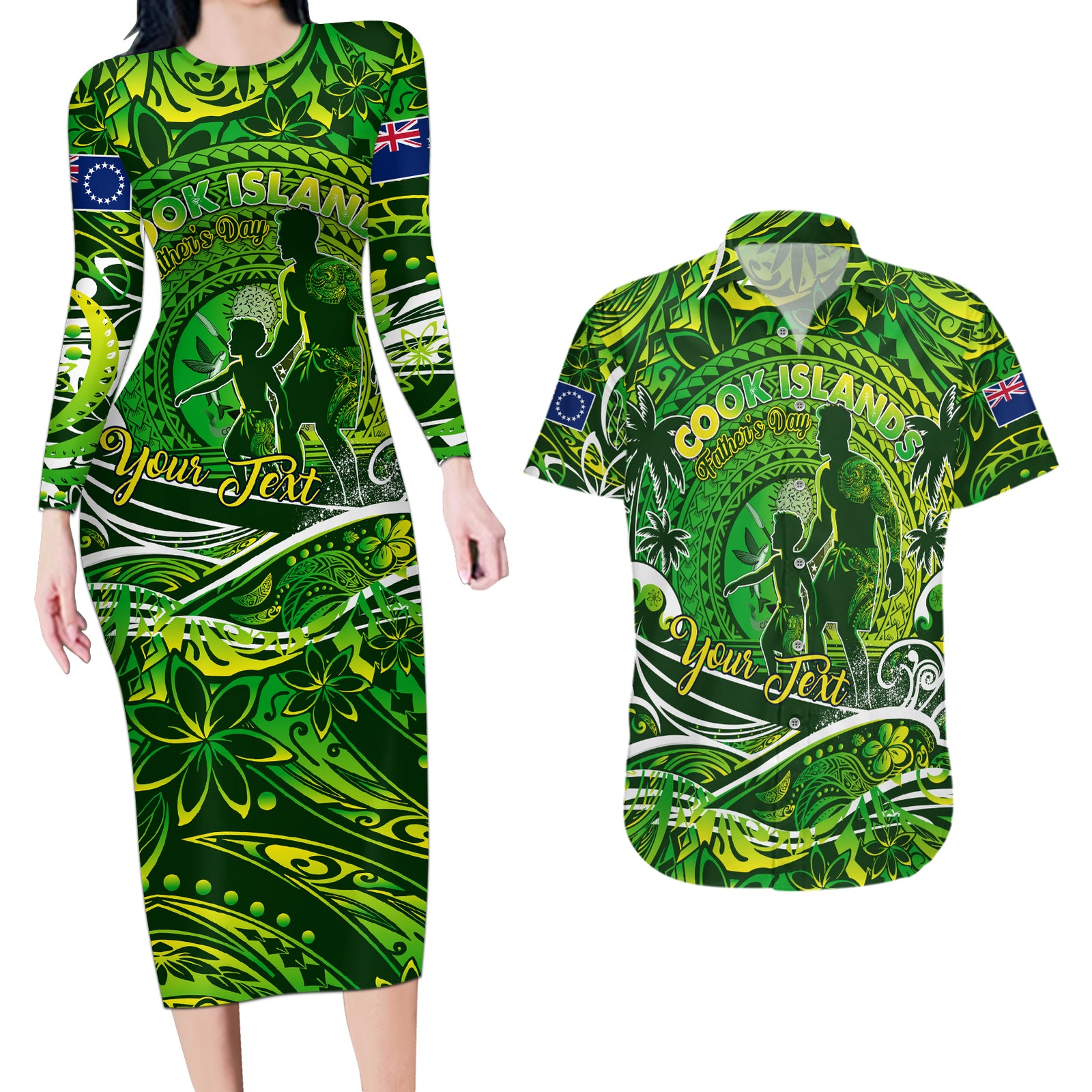 Father's Day Cook Islands Couples Matching Long Sleeve Bodycon Dress and Hawaiian Shirt Special Dad Polynesia Paradise DT02 Green - Polynesian Pride