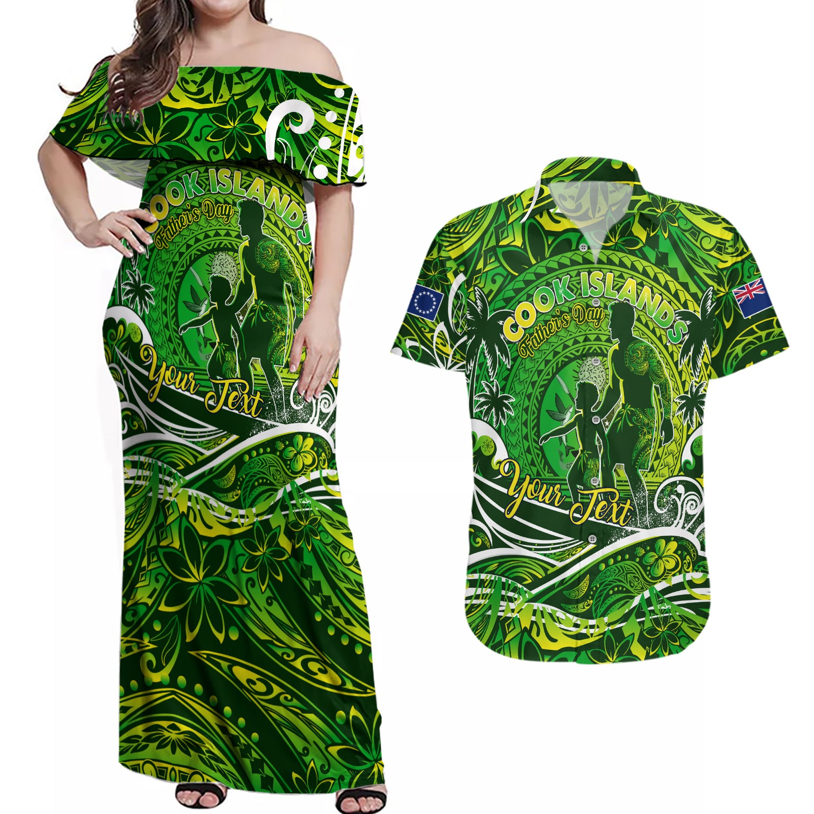 Father's Day Cook Islands Couples Matching Off Shoulder Maxi Dress and Hawaiian Shirt Special Dad Polynesia Paradise