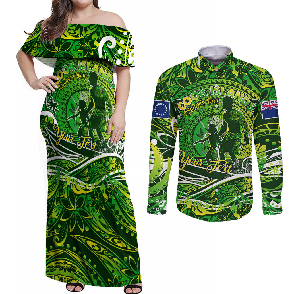 Father's Day Cook Islands Couples Matching Off Shoulder Maxi Dress and Long Sleeve Button Shirt Special Dad Polynesia Paradise DT02 Green - Polynesian Pride
