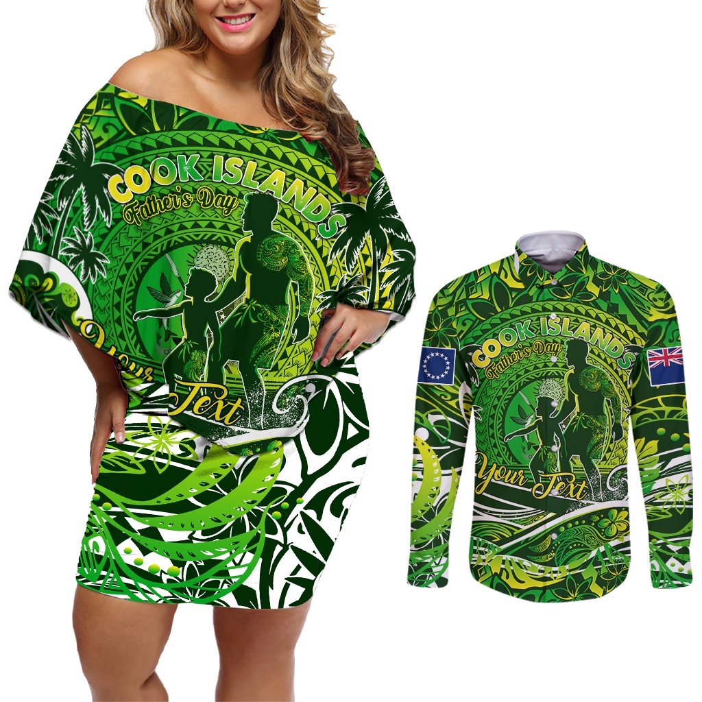 Father's Day Cook Islands Couples Matching Off Shoulder Short Dress and Long Sleeve Button Shirt Special Dad Polynesia Paradise DT02 Green - Polynesian Pride
